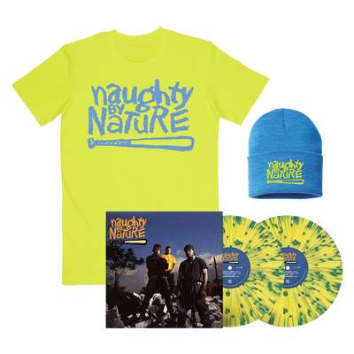 Naughty By Nature Vinyl Bundle featuring the Naughty By Nature Dayglow Tee, Blue Beanie, and Naughty By Nature (30th Anniversary) 2LP.