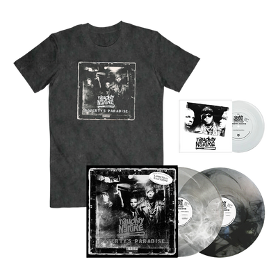 The Poverty's Paradise 25th Anniversary Edition Vinyl Bundle includes The Poverty's Paradise Mineral Washed Album Tee, smoke colored 2LP, and a white 7". 