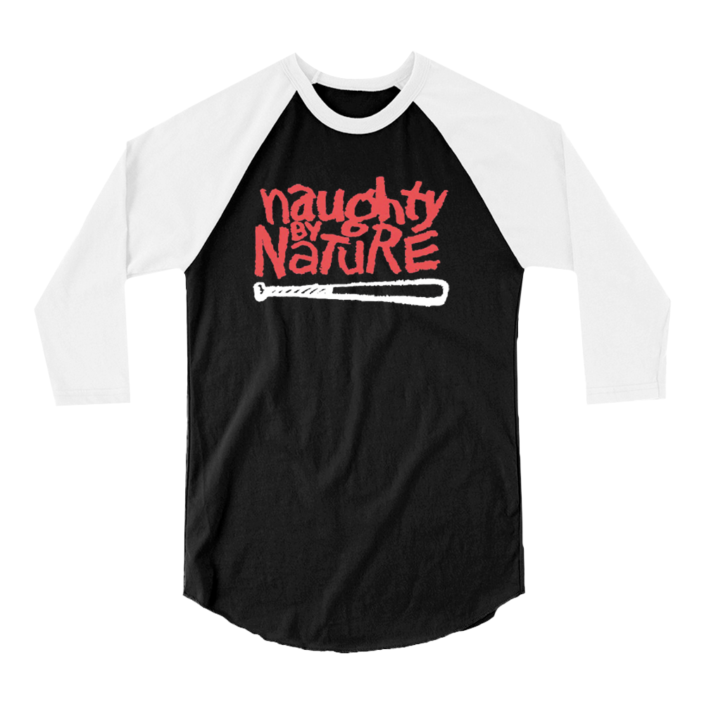 Red and white Naughty By Nature logo printed on a black and white raglan tee.