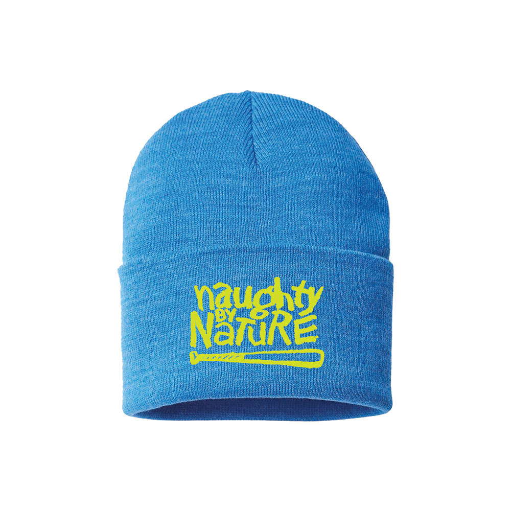 The front of the Naughty By Nature Blue Beanie with "Naughty By Nature" printed on it.