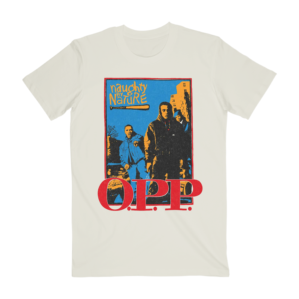 The Front of the Vintage O.P.P. Tee with a multicolored full print of the artist, O.P.P. printed on the bottom in red, and the Naughty By Nature logo in the top left corner in yellow.