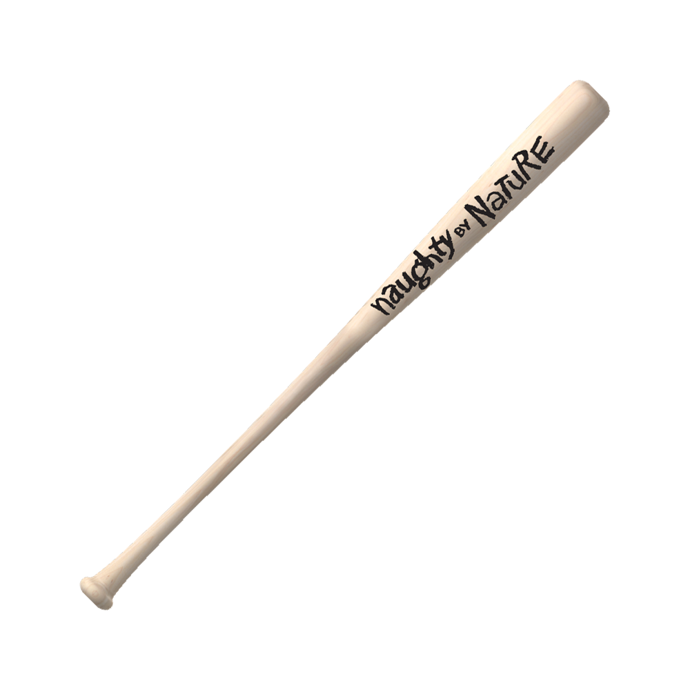 Wooden baseball bat with Naughty By Nature logo on the side.